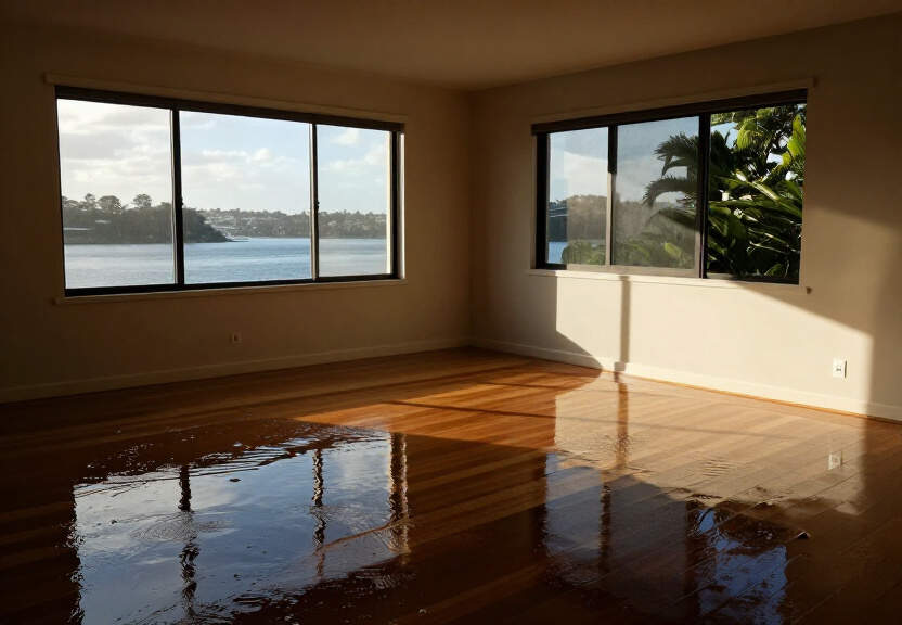 Flooded living room in Llandilo home before restoration